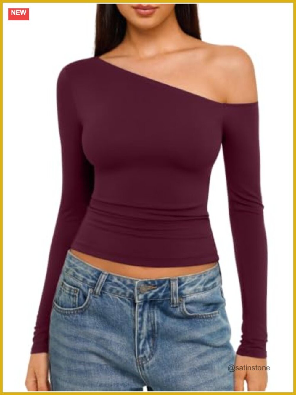 Long Sleeve Off Shoulder Top Slim Fit Double-Lined Stretch Knit Casual
